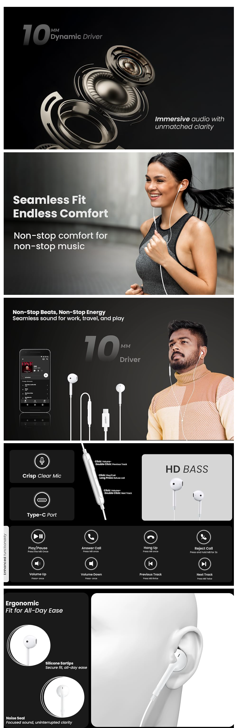 Salpido EP 11 Type-C Wired Earphones with Mic (10mm Driver, Inline Volume Control, SPEP11)