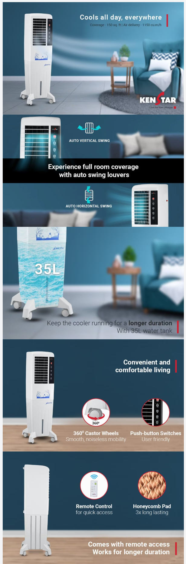 Kenstar Glam 35 Litres Honeycomb Tower Cooler With Remote (35LGLAMBISTC)