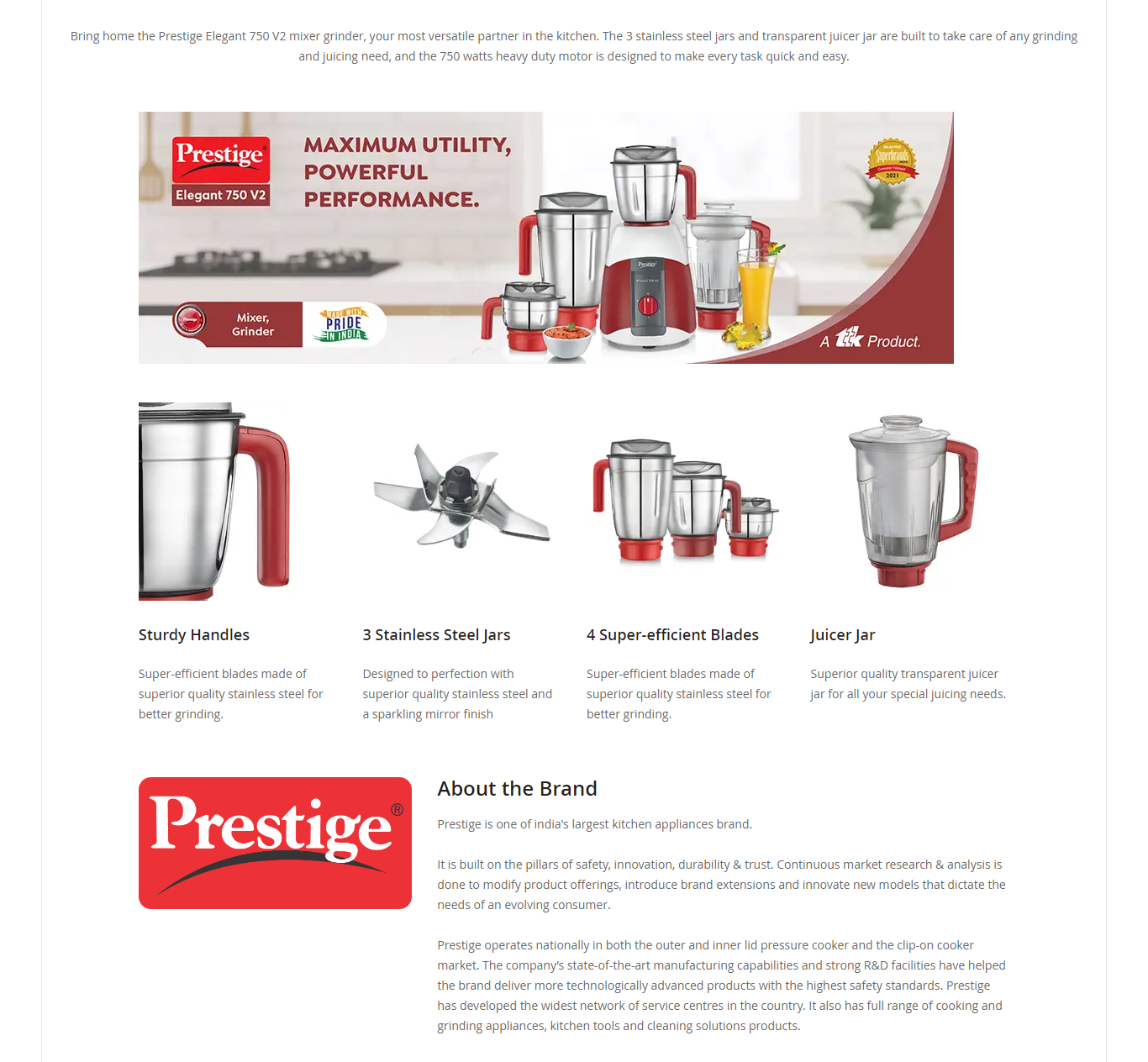 Prestige Elegant V2 4 Jars 750W Mixer Grinder (White, Red, ELEGANTV24JAR750W)