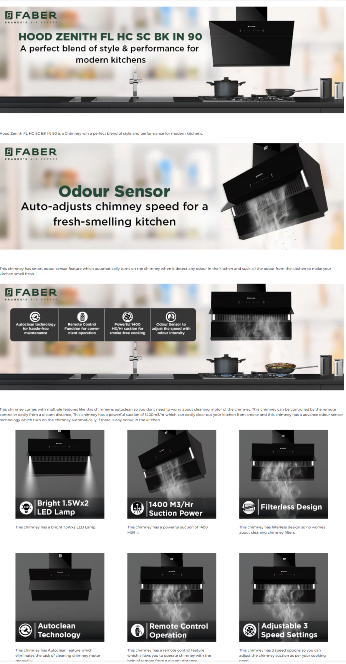 Faber Hood Zenith FL SC AC BK 90cm 1350m3/hr Ducted Auto Clean Wall Mounted Chimney (ZENITHFLHCSCBKIN90)