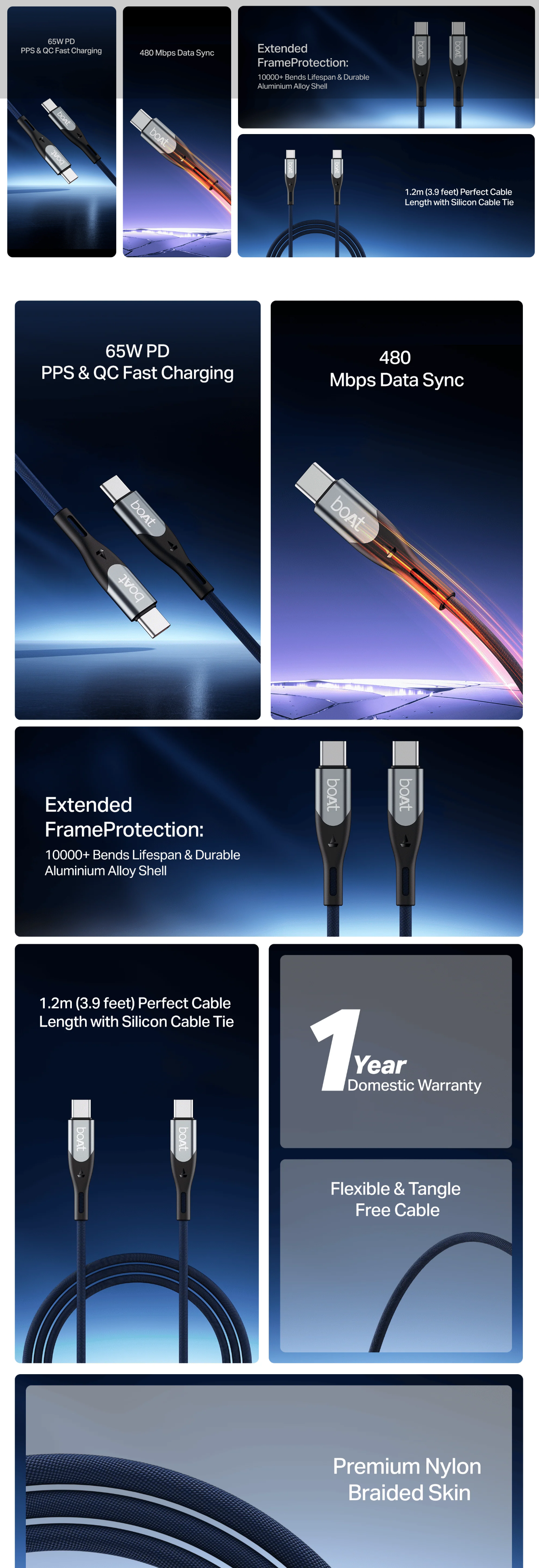 boAt Type C to C 65W Fast Charging Cable with 480 Mbps Data Transfer, Tangle-Free Cable in Premium Nylon Braided Design (BOATCTCTOC65W)