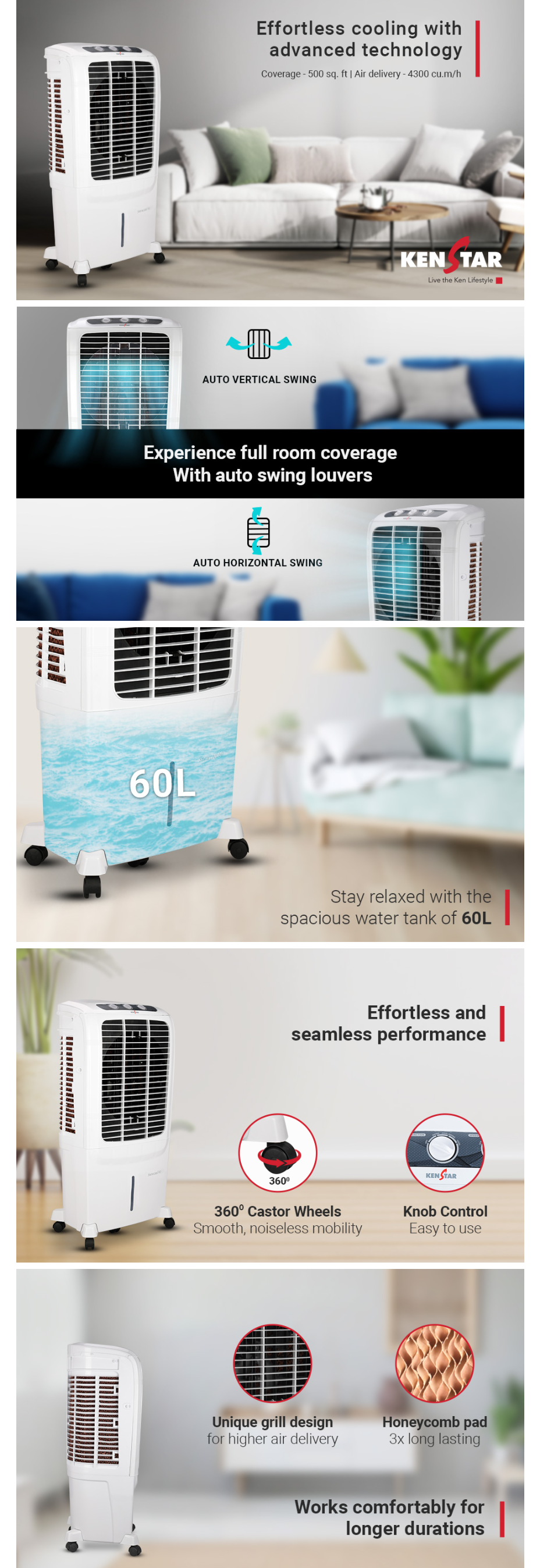 Kenstar Snowcool HC 60 Desert Air Cooler for Home - Honeycomb Cooling Pads, Large Wheels (60L, 200 Watts, 60LSNOWCOOLHCBIS5SDC)