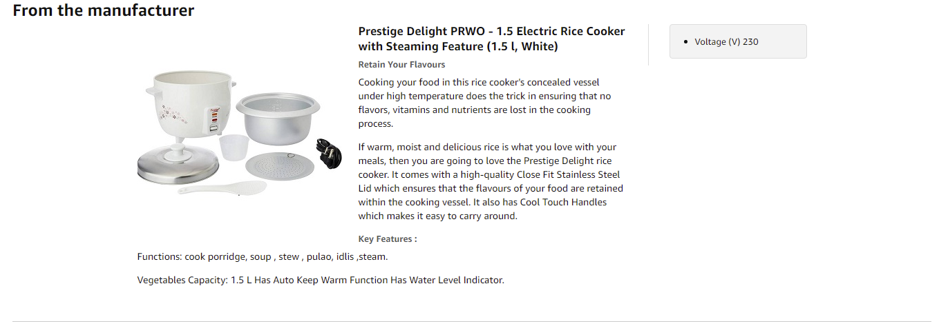 Prestige 1.5L Electric Rice Cooker with Steaming Feature (PRWO1.5)
