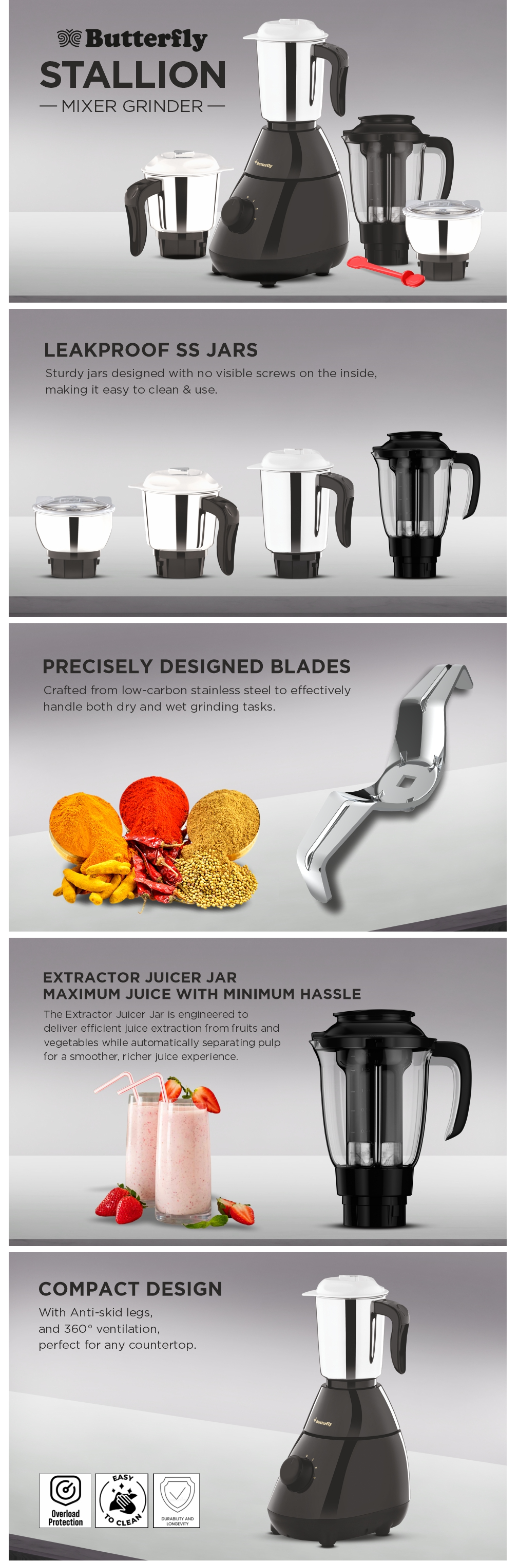 Butterfly Stallion 4 Jar Mixer Grinder (50W Motor, 3 Leakproof Stainless Steel Jar & 1 Juicer Jar, STALLION0.75HP4JAR)