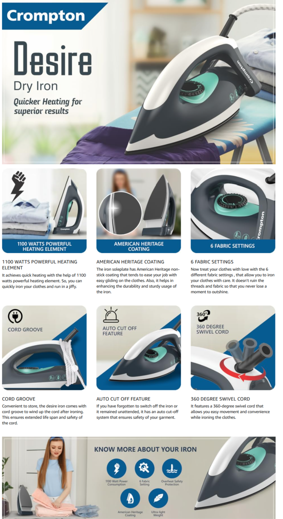 Crompton Desire 1100 Watts Dry Iron (DESIRE1100WDI)