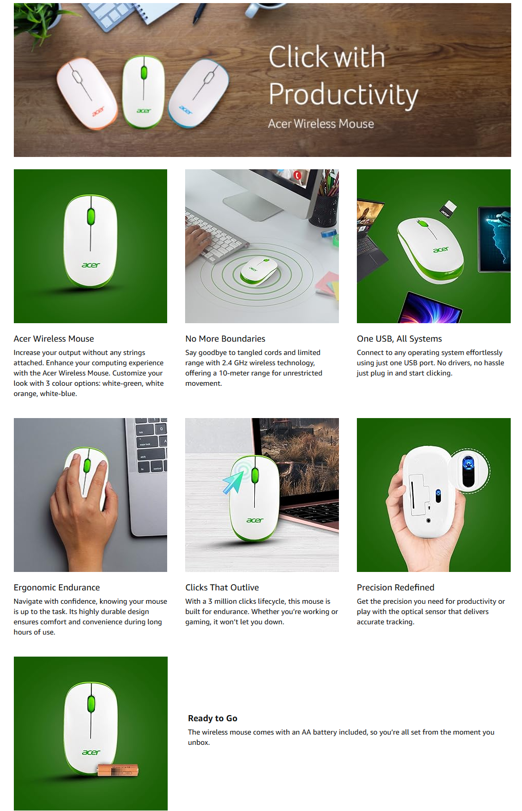 Acer Wireless Mouse (2.4 GHz Wireless Frequency, Optical Sensor, USB Dongle, White and Blue, ACERWMZCA01SI0WC)