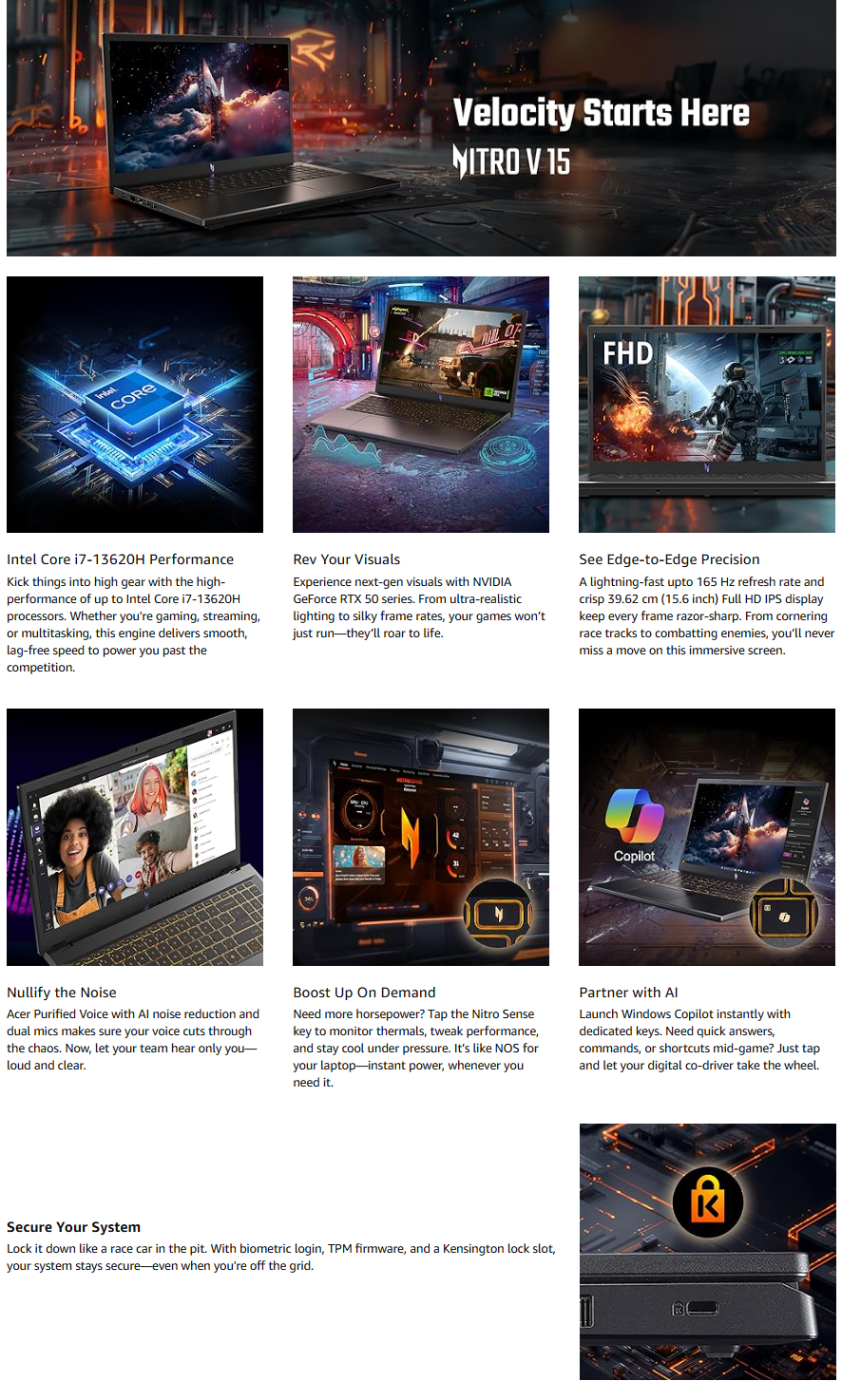 Acer Nitro V 15, Intel core i7-13th Gen 13620H,NVIDIA GeForce RTX - 5050 8GB, 16 GB,512 GB,15.6",165 Hz, Win 11 Home, Gaming Laptop (ACERNITRONHQZ9SI001)