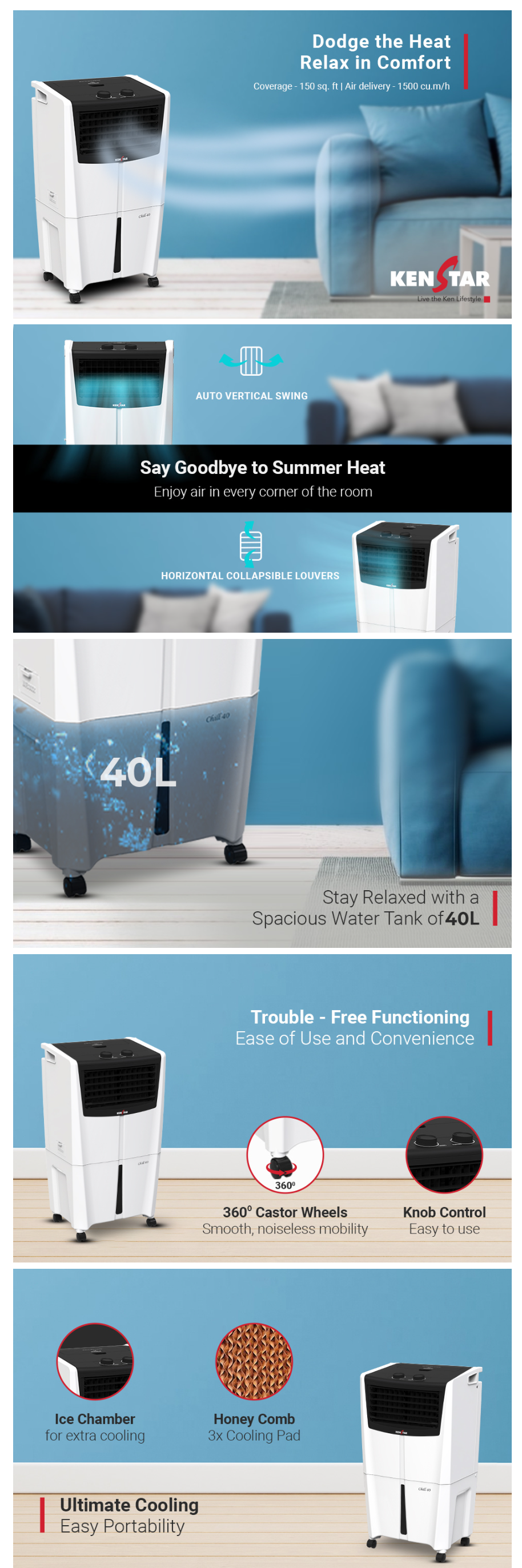 Kenstar CHILL 40L Personal Air Cooler for Home (Inverter Compatible, Honeycomb Cooling Pads, Collapsible Louvers, 40LCHILLBIS5SPDC)