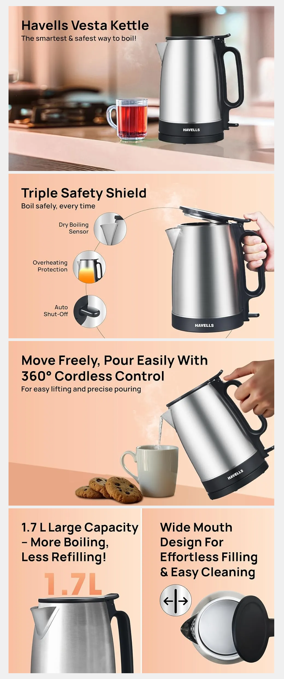 Havells Vesta Electric Kettle| Large 1.7L 2000 Watts (VESTASS1.7L)
