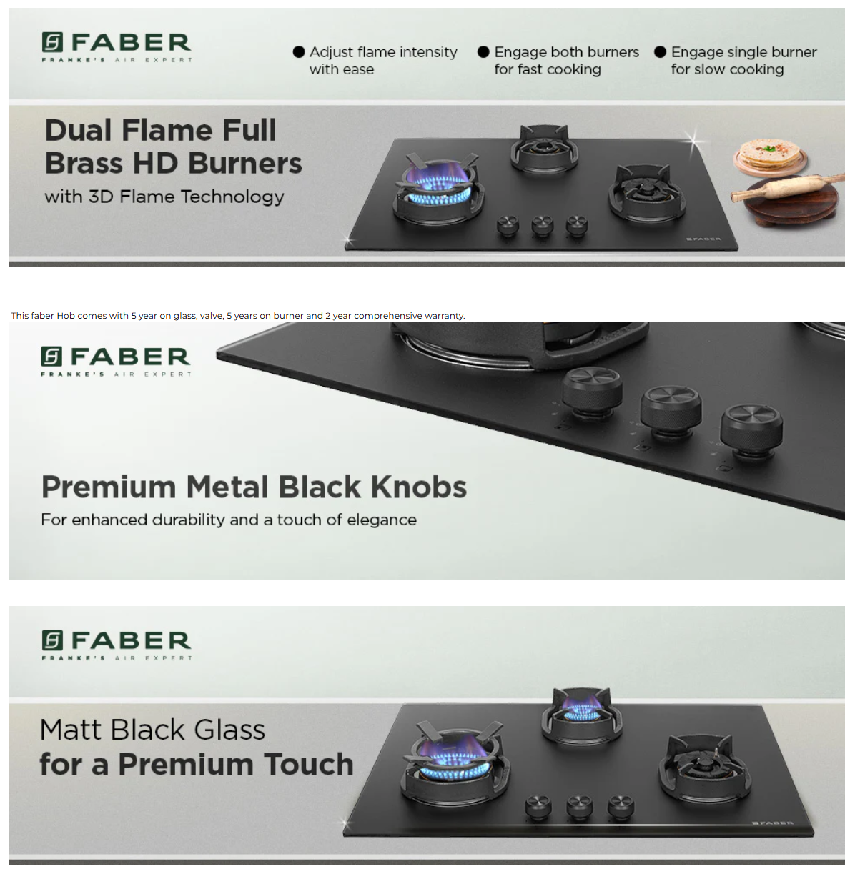 Faber Della 3 Burner 78cm Hob With Auto-Ignition (Brass Burner, Cooktop Hybrid, Matt Black Glass Finish, DELLAHD783CIAI)