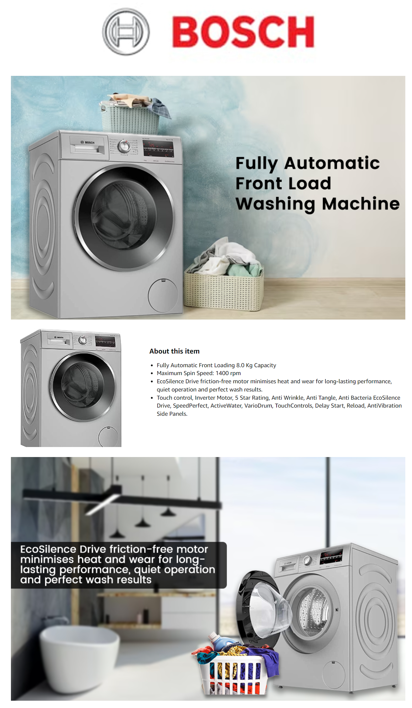 BOSCH 8 kg Fully Automatic Front Load Washing Machine (WGA1340SIN)