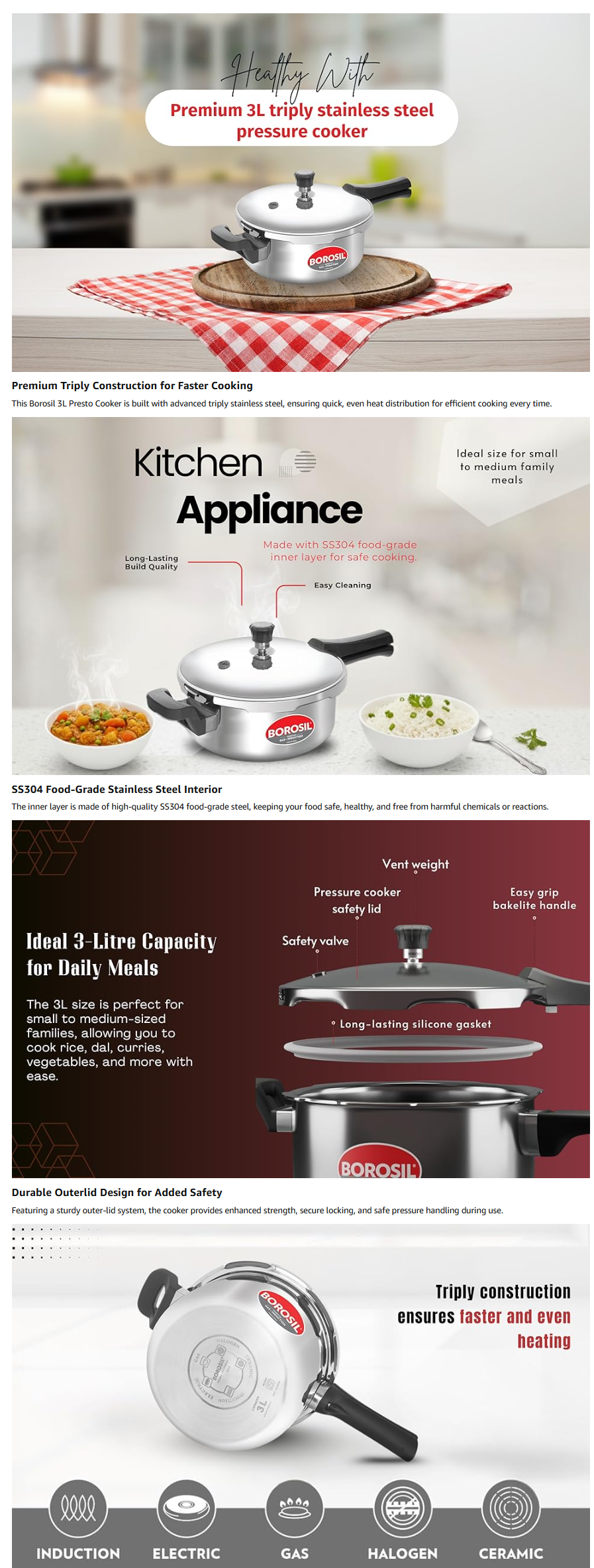 Borosil Presto Triply Outer Lid Stainless Steel Pressure Cooker (3L, BRSPCSTRIPLYPRESTO3L)