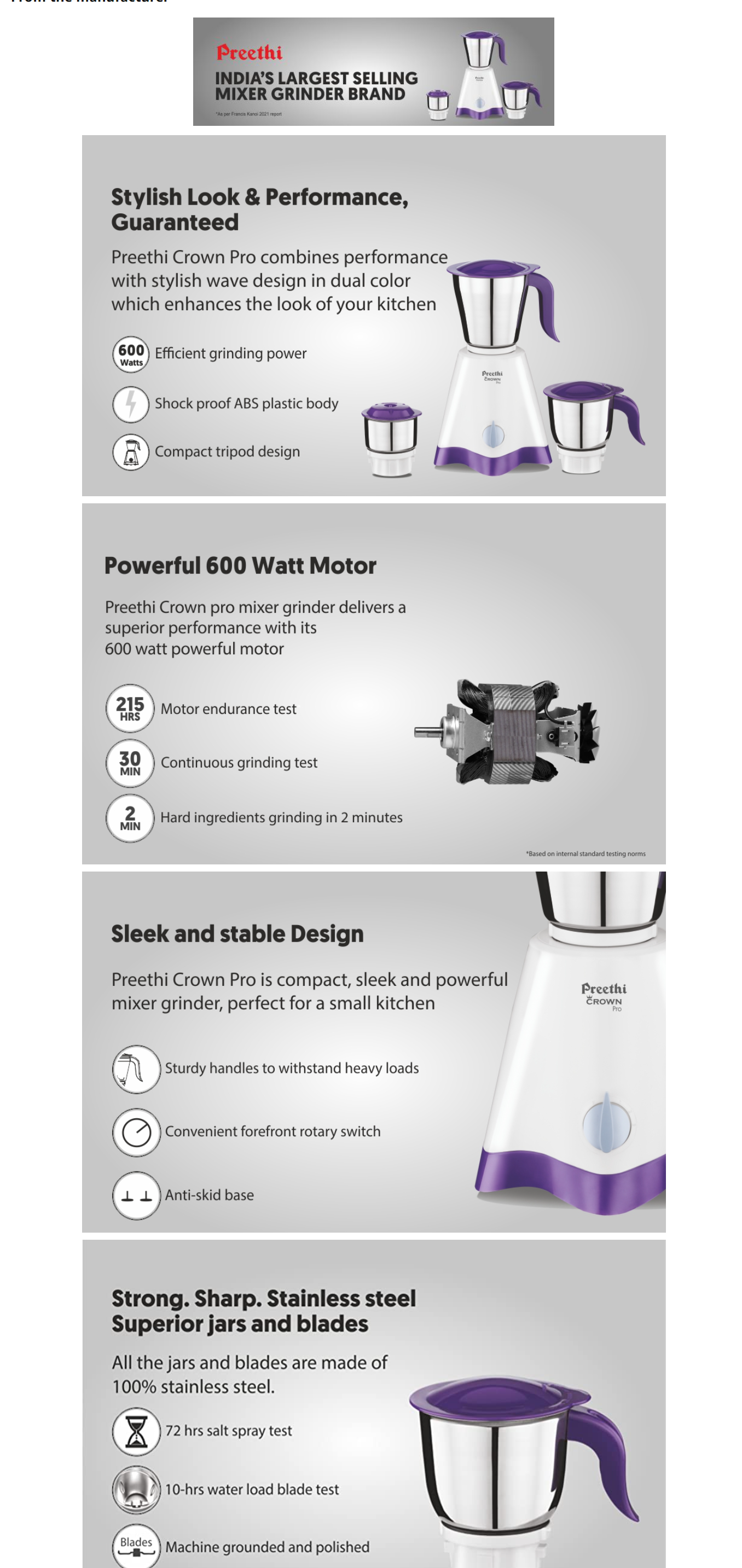 Preethi Crown Pro MG-254 600 Mixer Grinder (3 Jars, White/Purple)  (CROWNPRO600W)