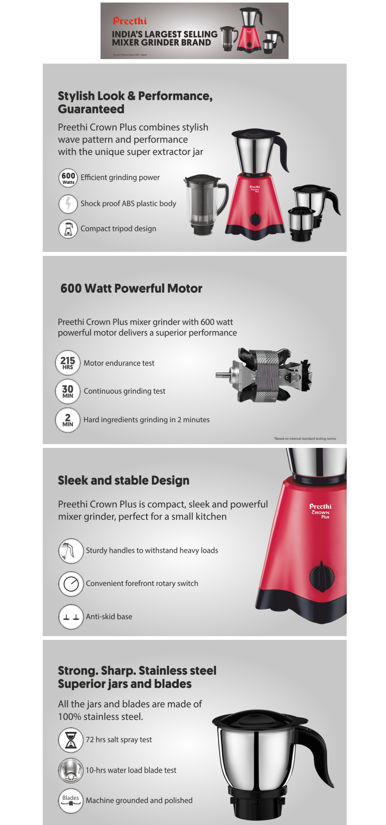 Preethi Crown Plus MG-258 600 Juicer Mixer Grinder (4 Jars, Red/Black) (CROWNPLUS600W)