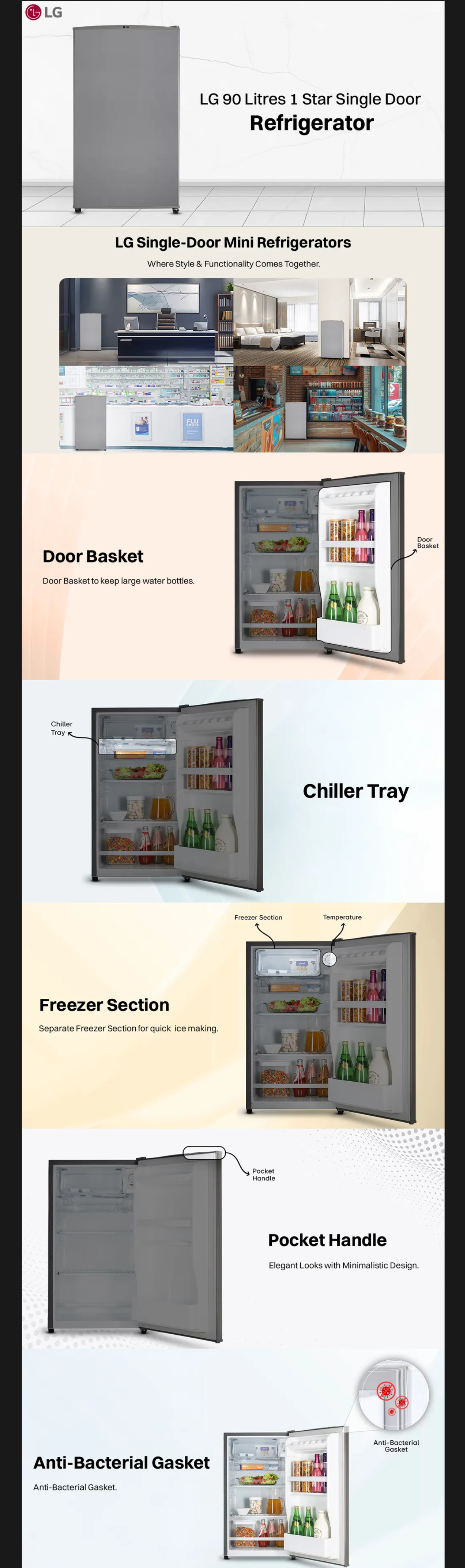 LG 90 Litres 1 Star Direct Cool Single Door Refrigerator with Antibacterial Gasket (GLM131RDSB)