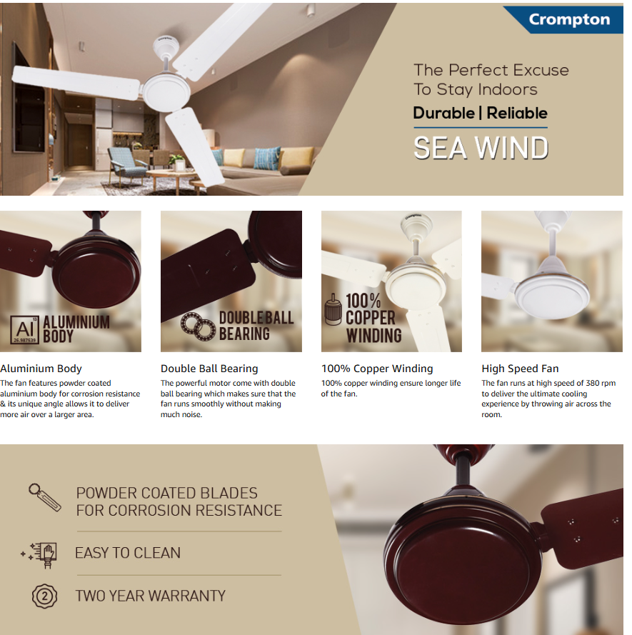 Crompton Sea Wind 1200 mm (48 inch) High Speed Ceiling Fan (All Colours, 48SEAWIND1Z1S)
