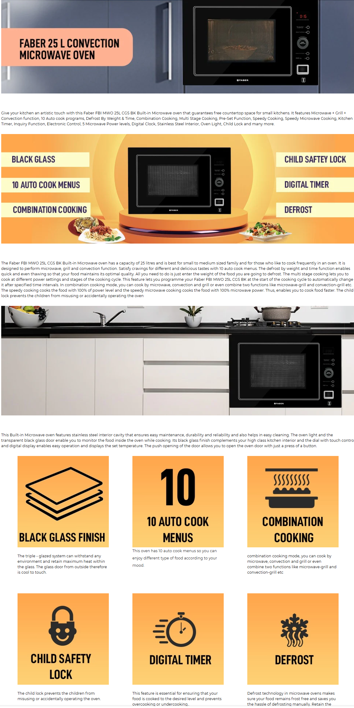 Faber 25 L Built-in Microwave Oven with 10 Autocook Menus (FBIMWO25LCGSBK, Black)