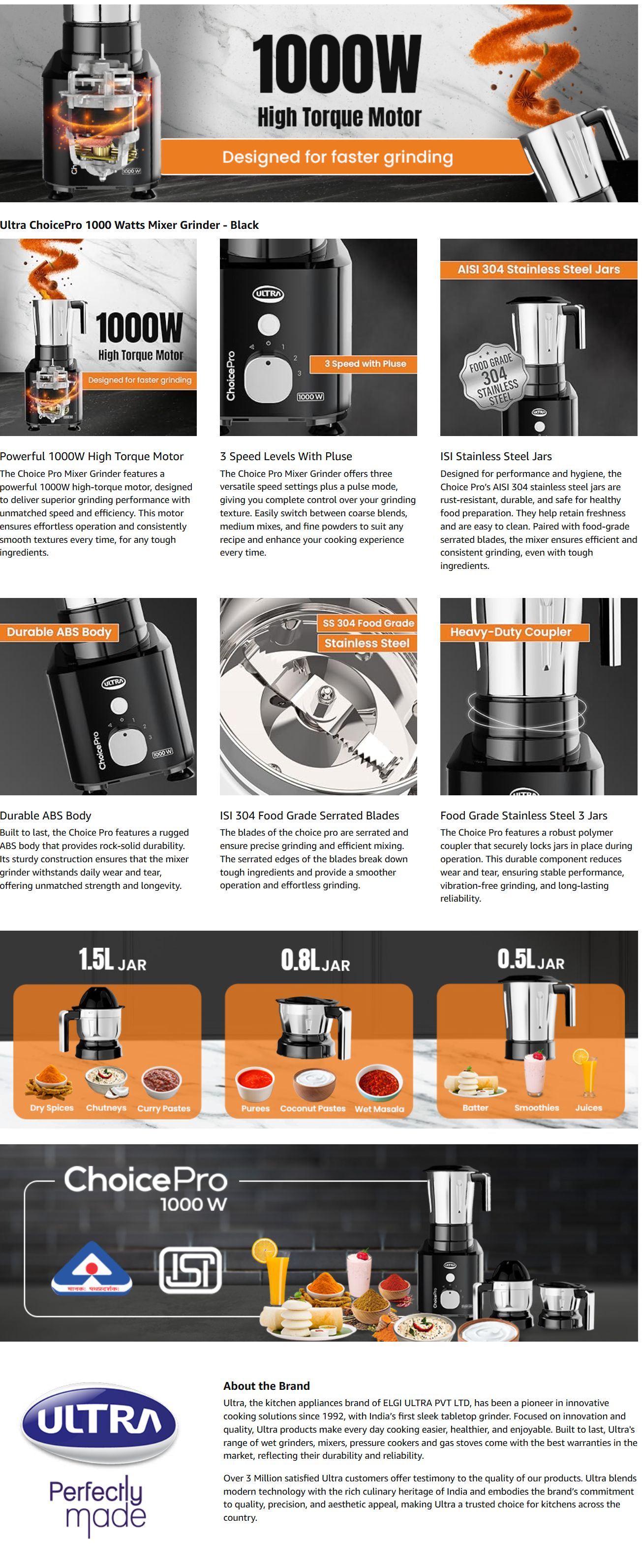 Ultra Choice Pro Mixer Grinder - Black | Fast & Heavy-Duty 1000W High Torque Motor (CHOICEPRO1000W)