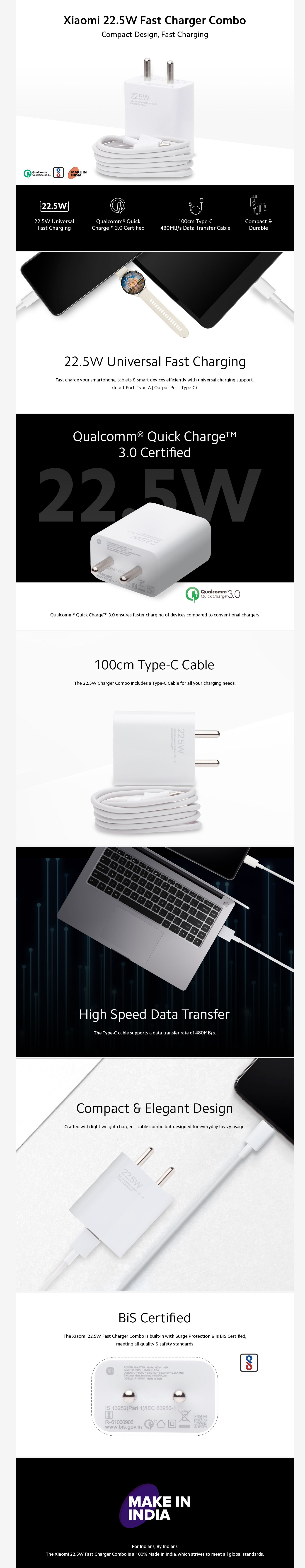 Xiaomi 22.5W Type A Fast Charger (Type A to Type C Cable, Qualcomm Quick Charge 3.0, MI22.5WFASTCHARCOMBO)