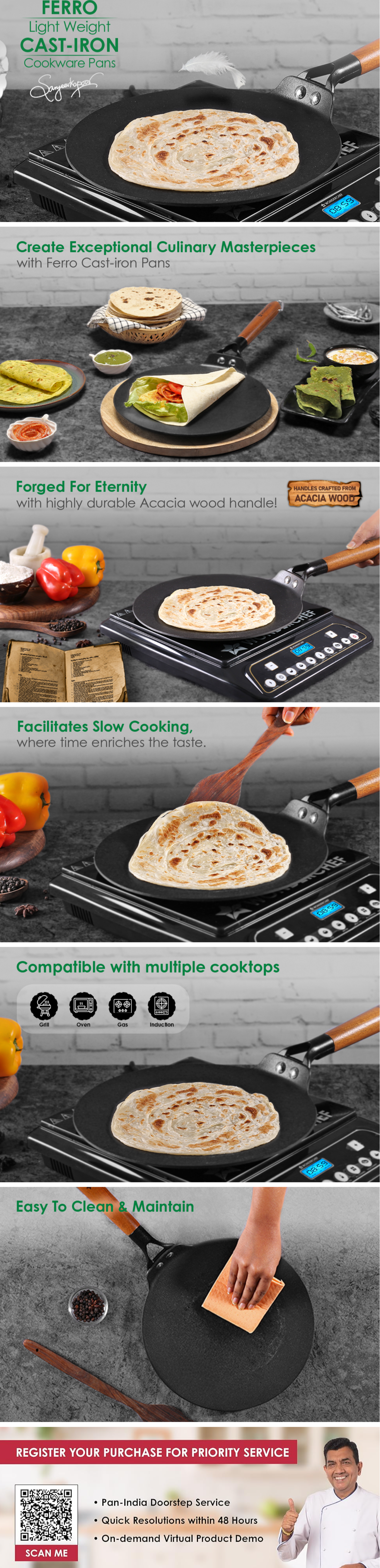 Wonderchef Ferro Light-Weight Cast-Iron Roti Tawa 26cm Pre-Seasoned with 100% Vegetable Oil (WCIRTFERROCAST26CM)
