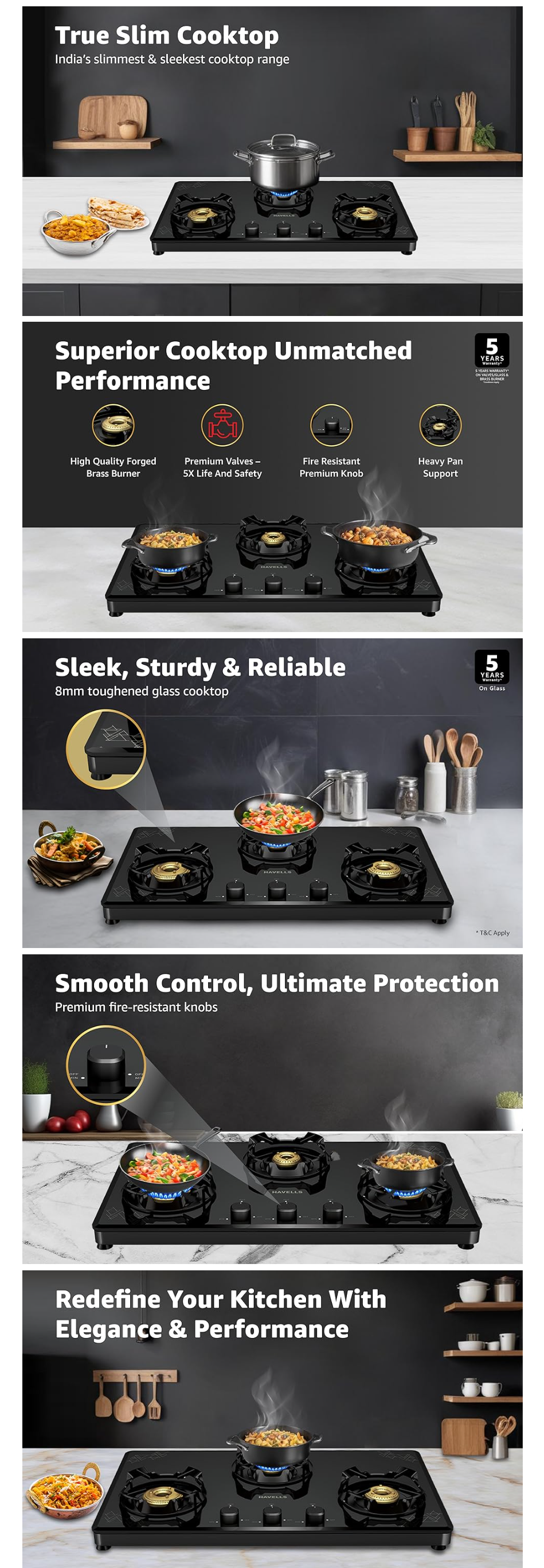 Havells Nucleus Toughened Glass Top 3 Burner Manual Gas Stove (Heavy Duty Brass Burner, Black, NUCLEUS3B)