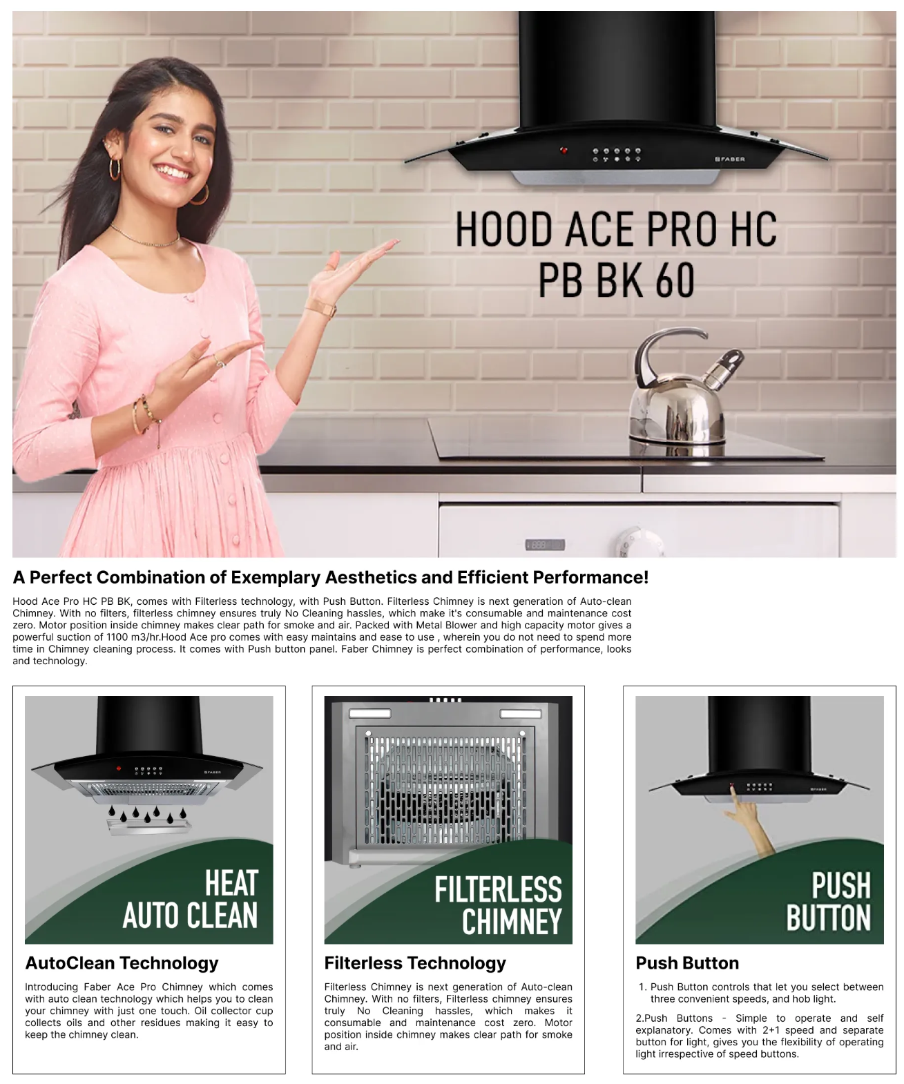 Faber Hood Ace Pro 3D IN HC PB FL BK 60 Autoclean Filterless Chimney (ACEPROIN3DHCPBFLBK60)
