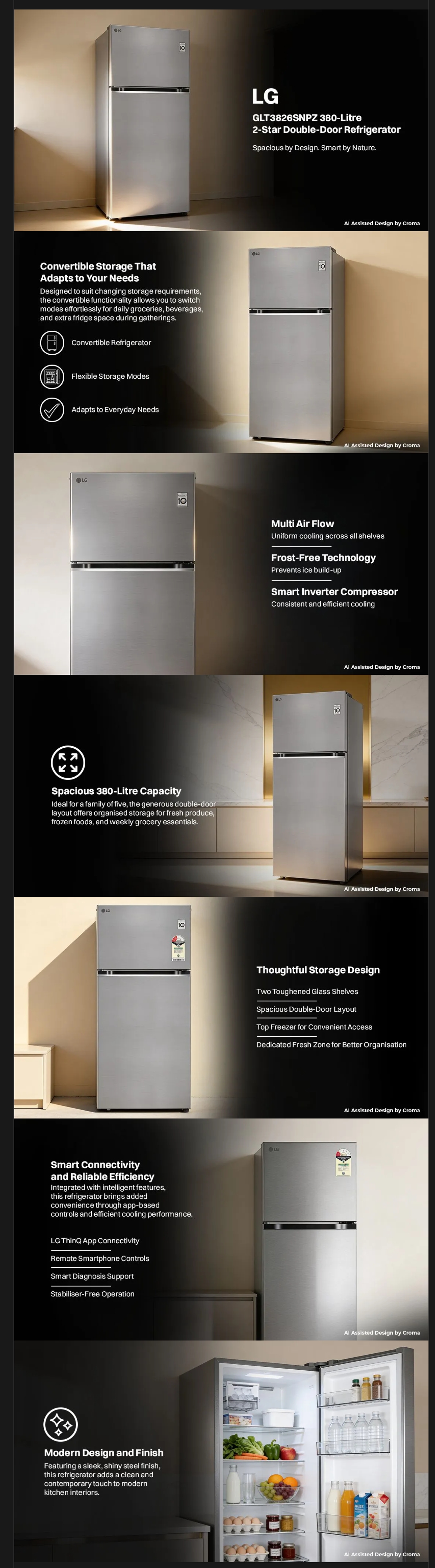 LG 380 Litres 2 Star Frost Free Double Door Smart Wifi Enabled Convertible Refrigerator (GLT3826SNPZ)