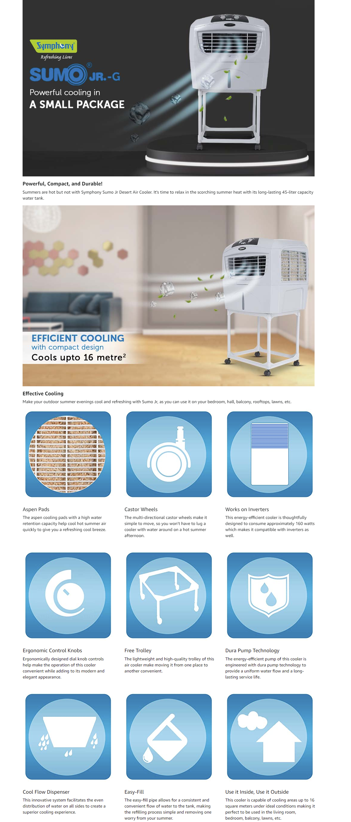 Symphony 45 Litres Room/Personal Air Cooler  White (SUMOJRWITHTROLLEY)
