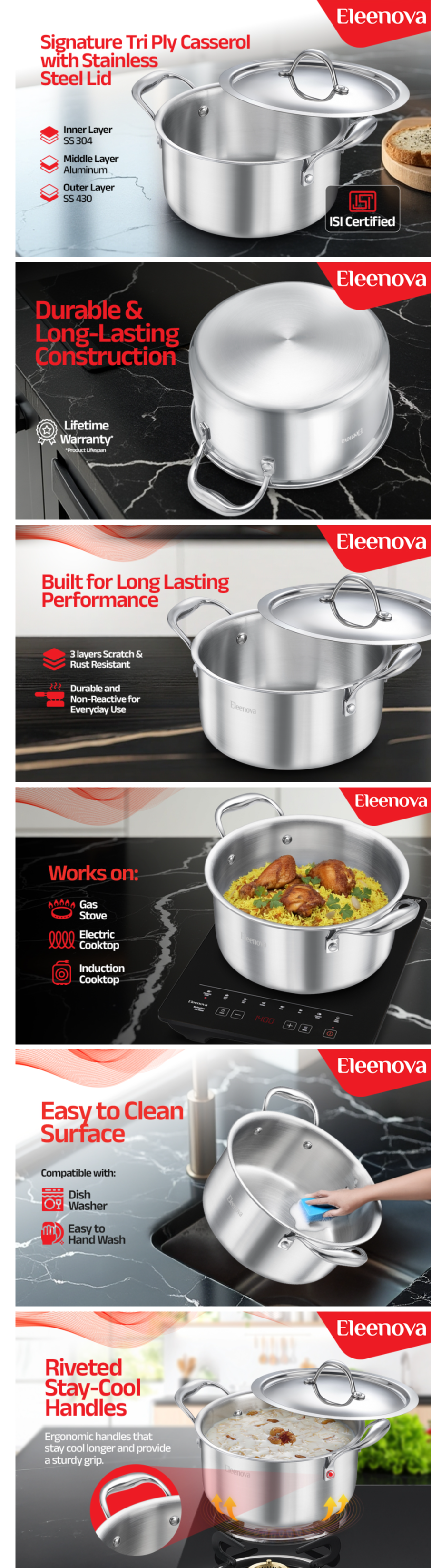 Eleenova Triply Stainless Steel Casserole with Lid (ELECASSIGNATURE240MM)