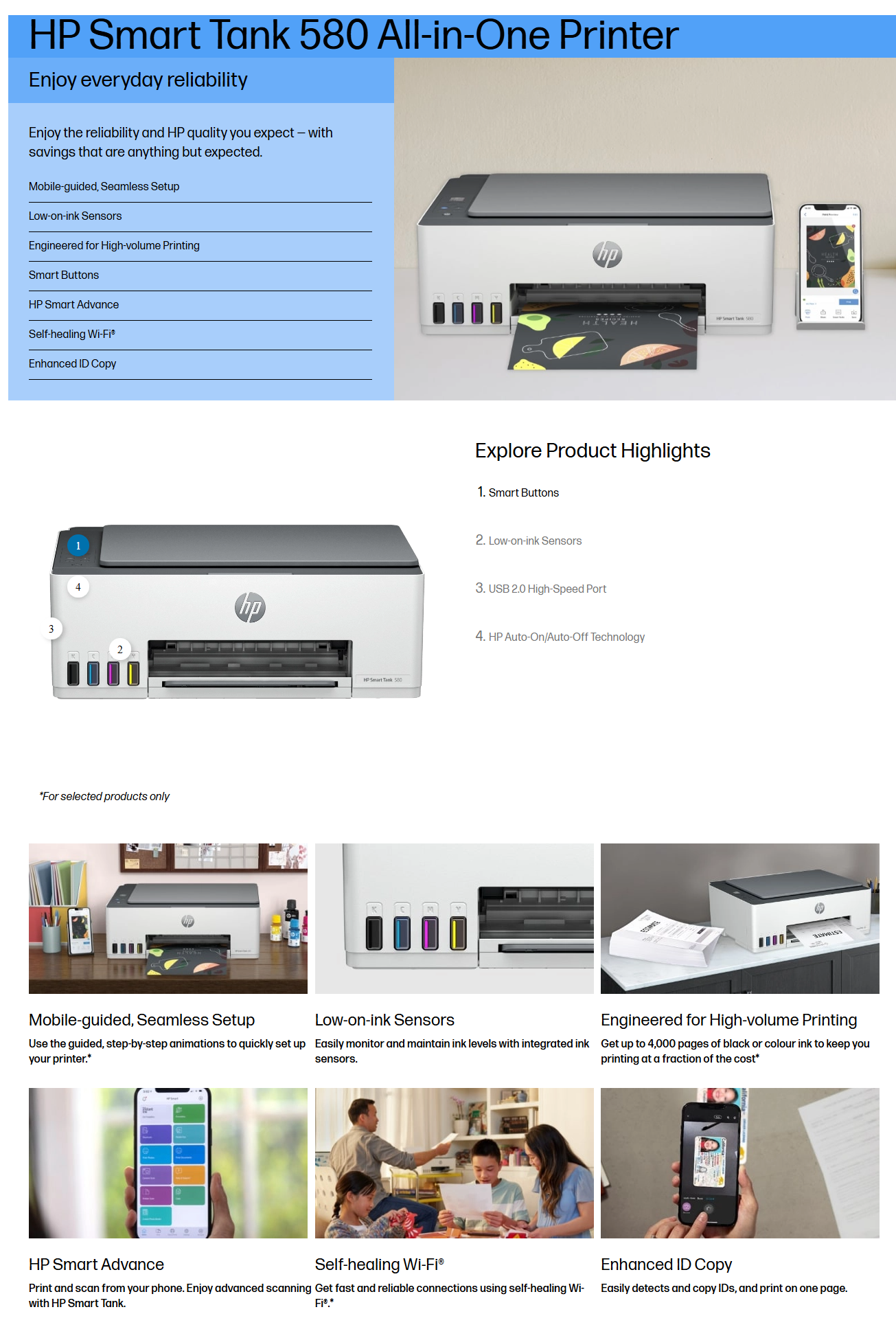 HP Smart Tank 580 All in One Wi-Fi Inkjet Printer with Auto On-Off Technology (Low-on-Ink Sensors, HP580AIOSMARTTANK)