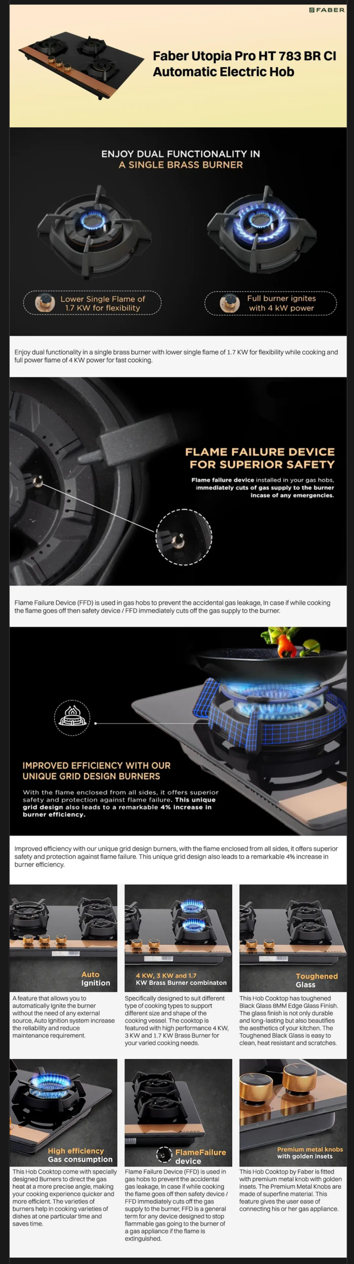 Faber Utopia Pro HT 783 BR CI Toughened Glass Top 3 Burner Automatic Electric Hob (UTOPIAPROHT783BRCI)