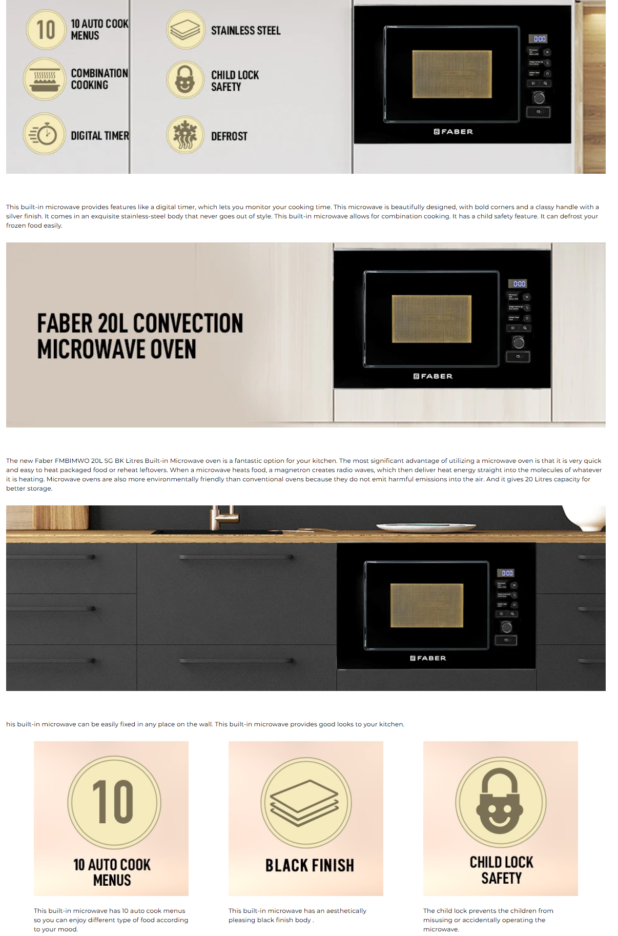 Faber 60cm Built-in Microwave with 10 Autocook Menus (Black, FBIMWO20SGBK)