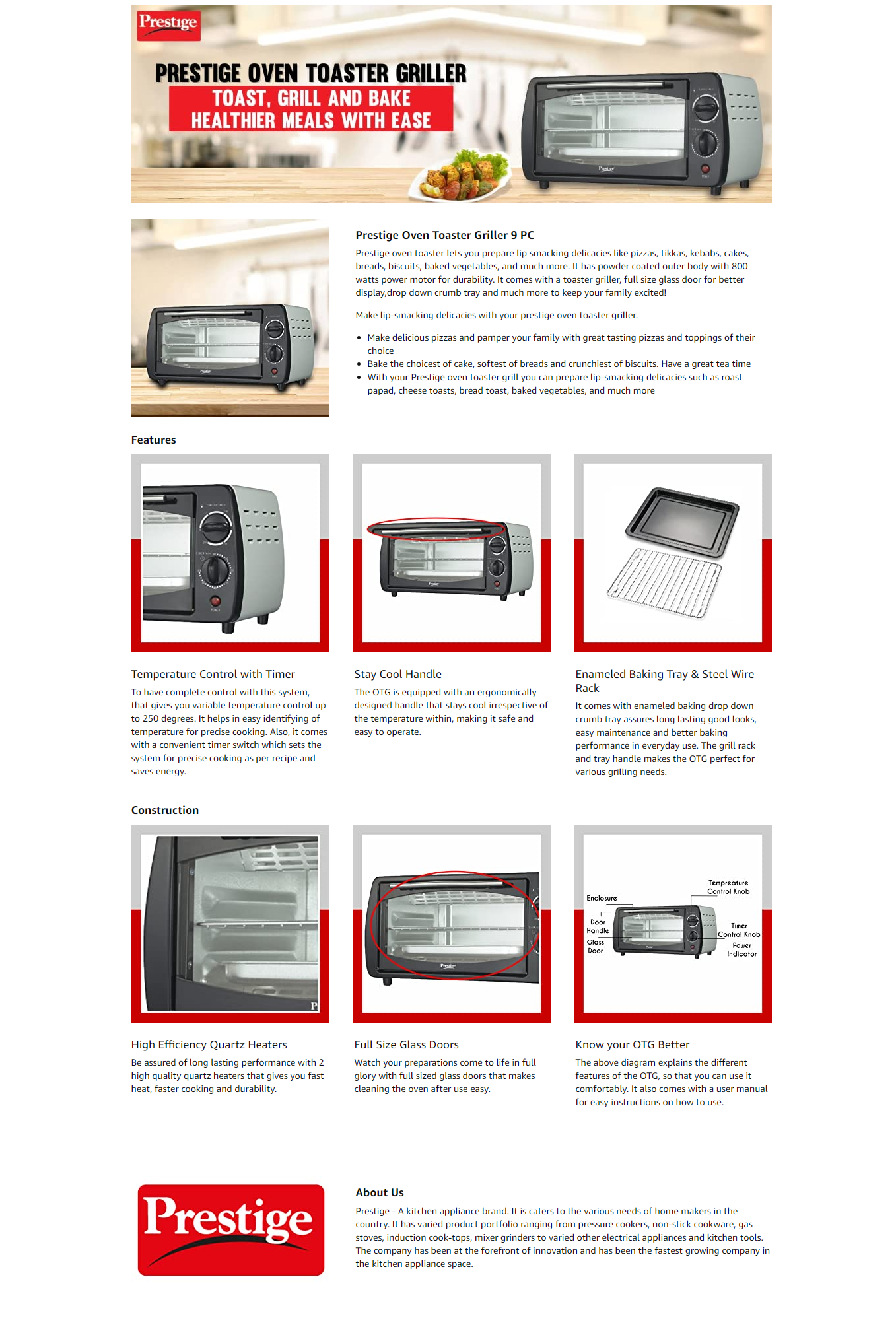 Prestige 9-Litre POTG 9 PC Oven Toaster Grill (OTG)  (Black, Grey) (9PCOTG)