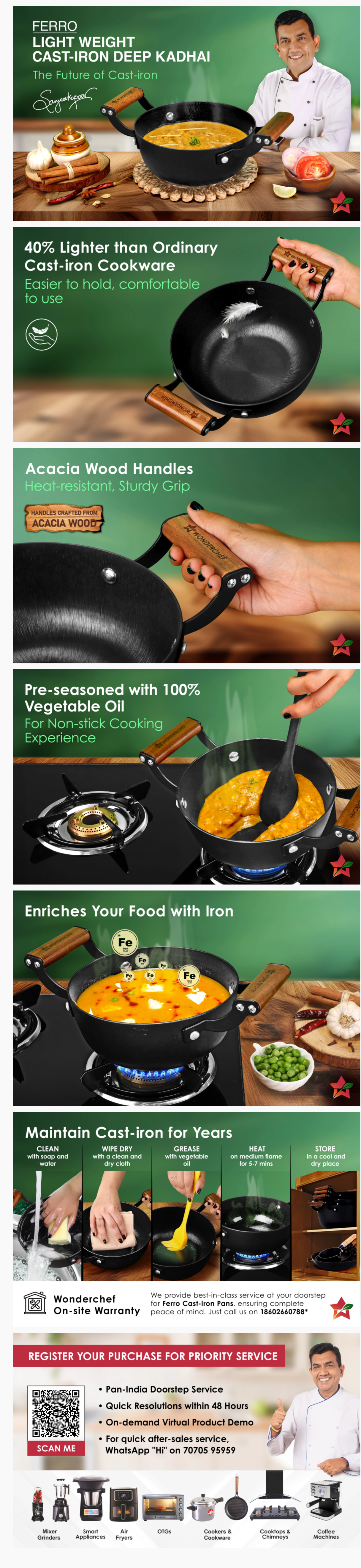 Wonderchef 18cm Ferro Light-Weight Cast-Iron Deep Kadhai (WCIDKHFERROCAST18CM)