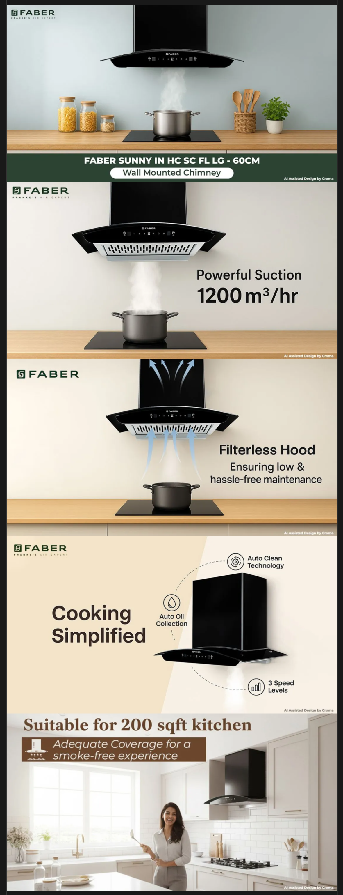 FABER SUNNY IN HC SC FL LG 60cm 1200m3/hr Ducted Auto Clean Wall Mounted Chimney (SUNNYRCINHCSCFLLG60)