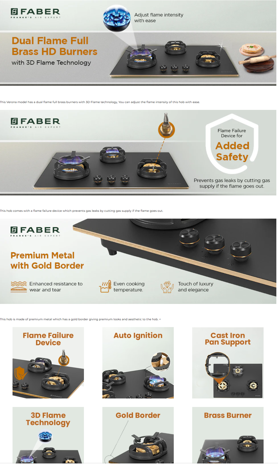 Faber 78 cm 3 Brass Burners VERONA HD 783 CI FFD AI Kitchen Hob (Black, VERONAHD783CIFFDAI)