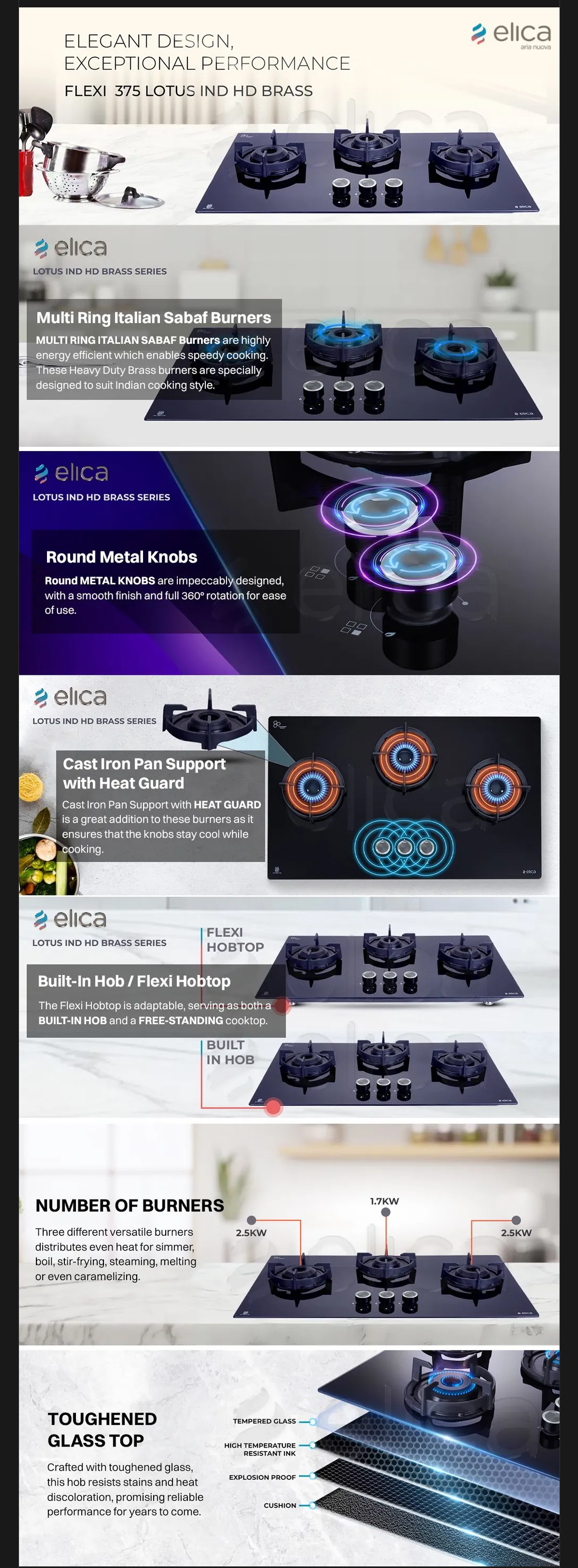 Elica Flexi 375 Lotus IND HD Glass Top 3 Burner Automatic Hob (Direct Multi Flame Burner, FLEXI375LOTUSINDHDBR)