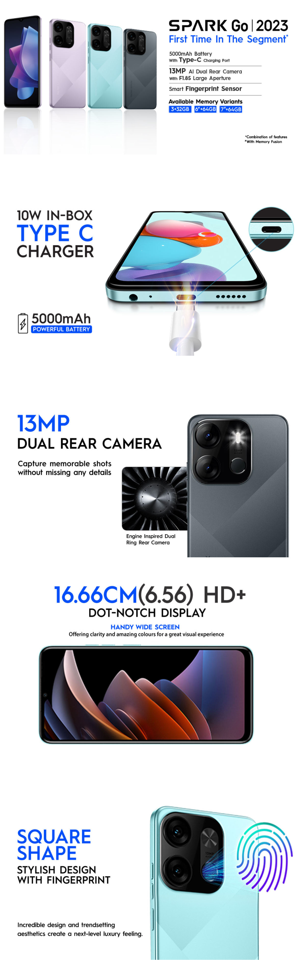 TECNO Spark Go 2023 (Uyuni Blue, 3GB RAM,32GB Storage) | 5000mAh Battery |  6.56 HD+ Display | 13MP Dual Rear Camera | Type C Port