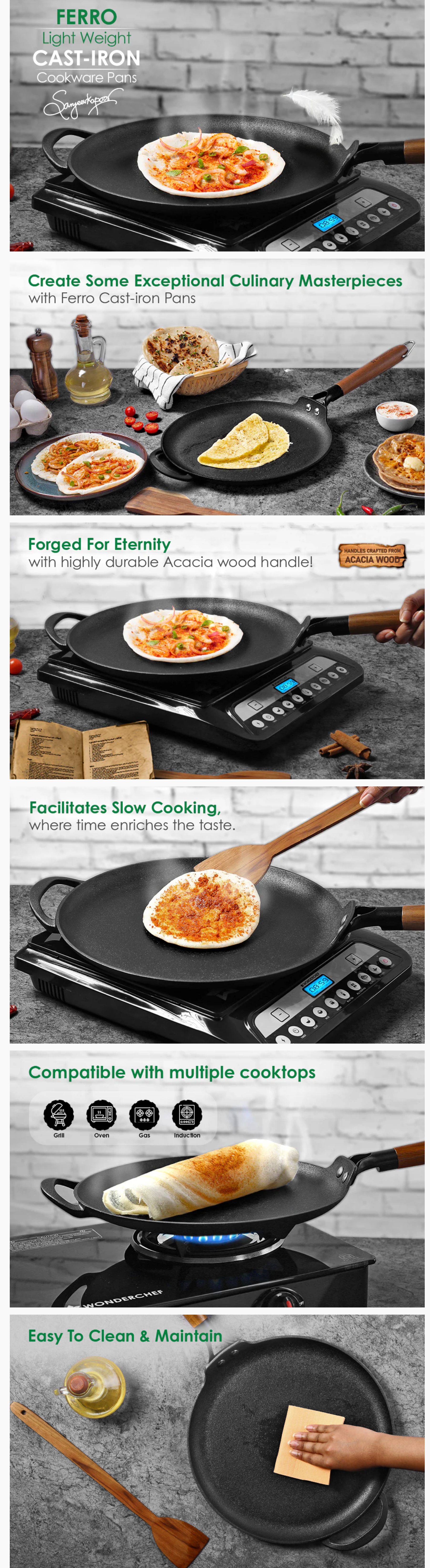 Wonderchef Ferro Light-Weight Cast-Iron Dosa Tawa 30cm Pre-Seasoned with 100% Vegetable Oil (WCIDTFERROCAST30CM)