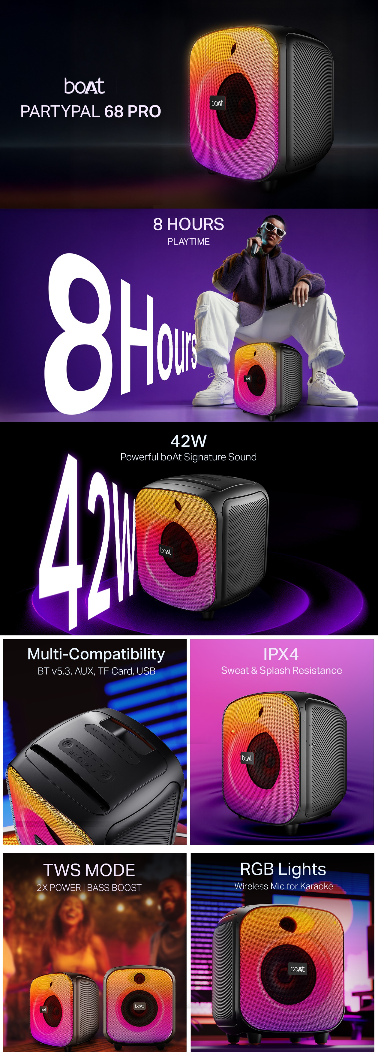 Boat PartyPal 68 Pro Wireless Party Speaker (42W boAt Signature Sound, RGB Lights, Wireless Mic, TWS Bass Boost, Bluetooth v5.3, BOATPSPARTYPAL68PRO)