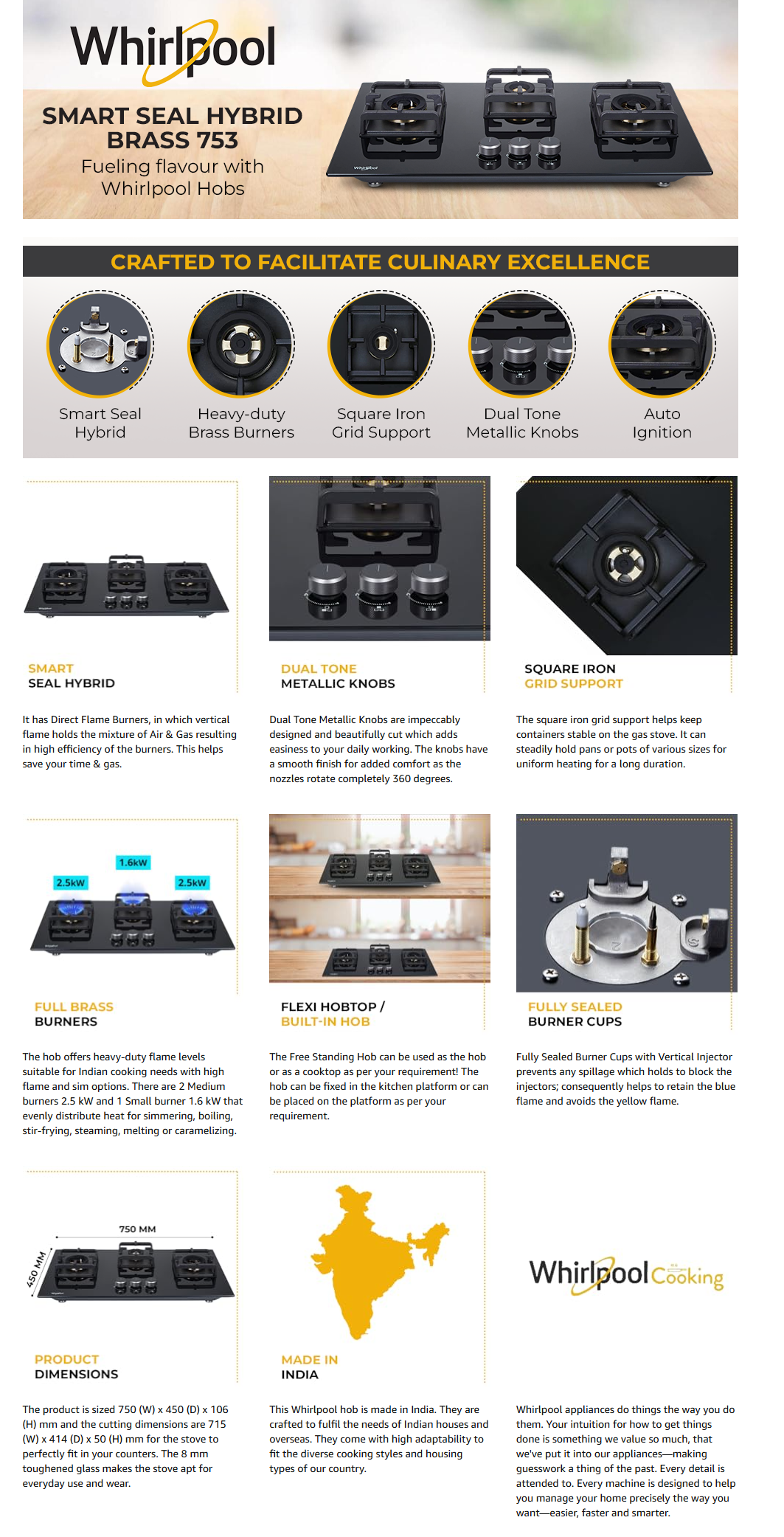 Whirlpool Hob 3 Fully Sealed Brass Burner (SMTSEALHYBRIDBRS753)