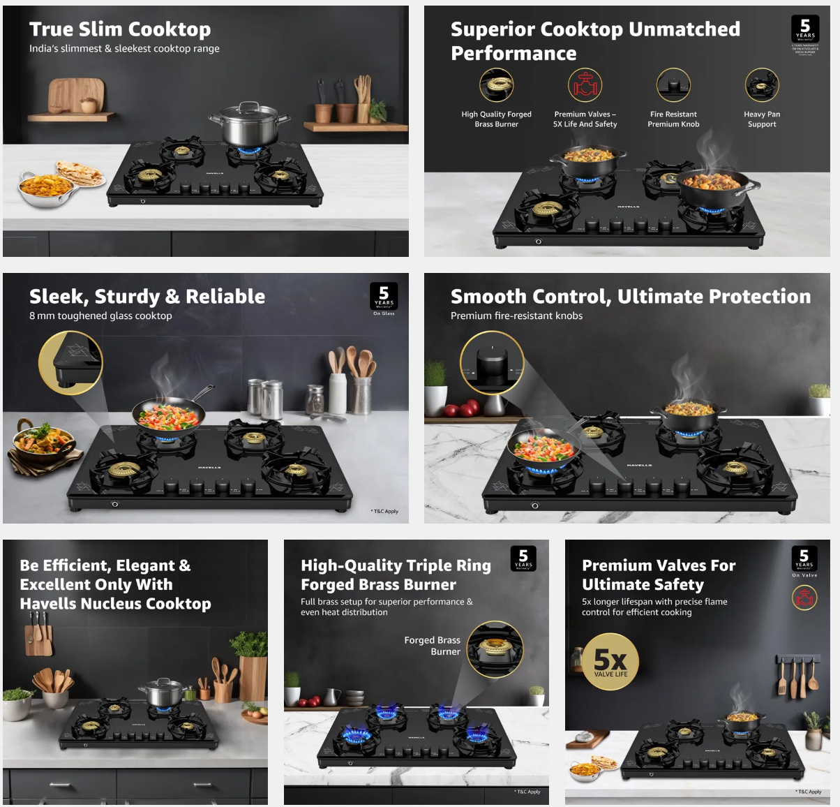 Havells Nucleus Toughened Glass Top 4 Burner Automatic Gas Stove (Heavy Duty Brass Burner, Black, NUCLEUS4B)