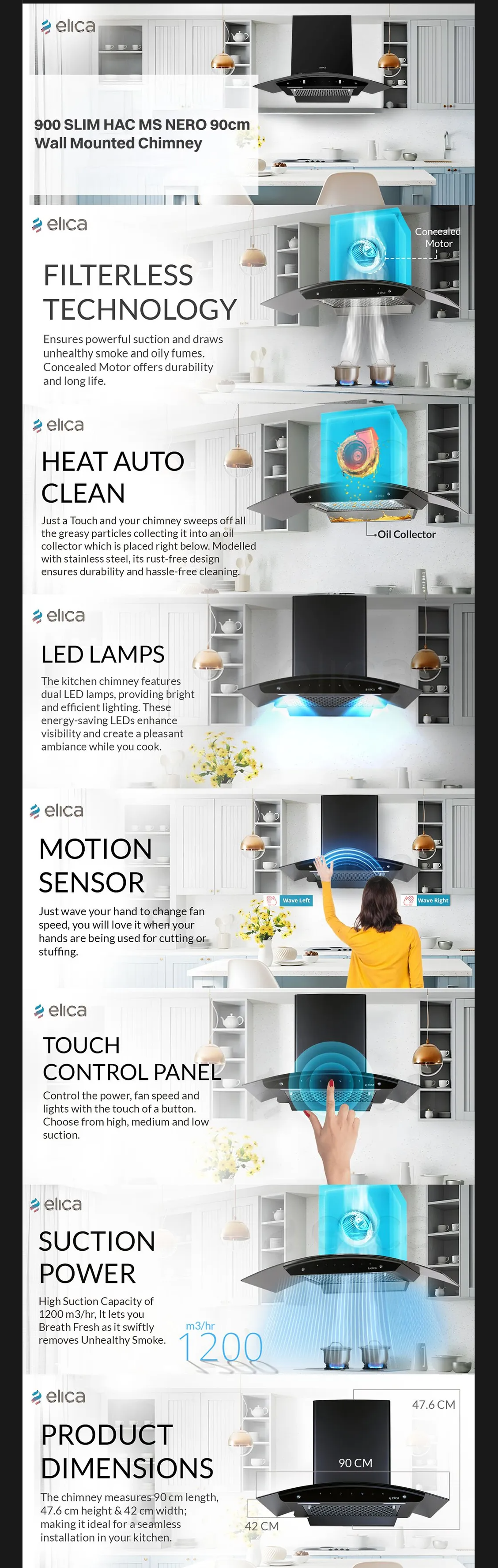 Elica FL 900 SLIM HAC MS NERO 90cm 1200m3/hr Ducted Wall Mounted Chimney with Touch Control Panel (Black, FL900SLIMHACMSNERO)