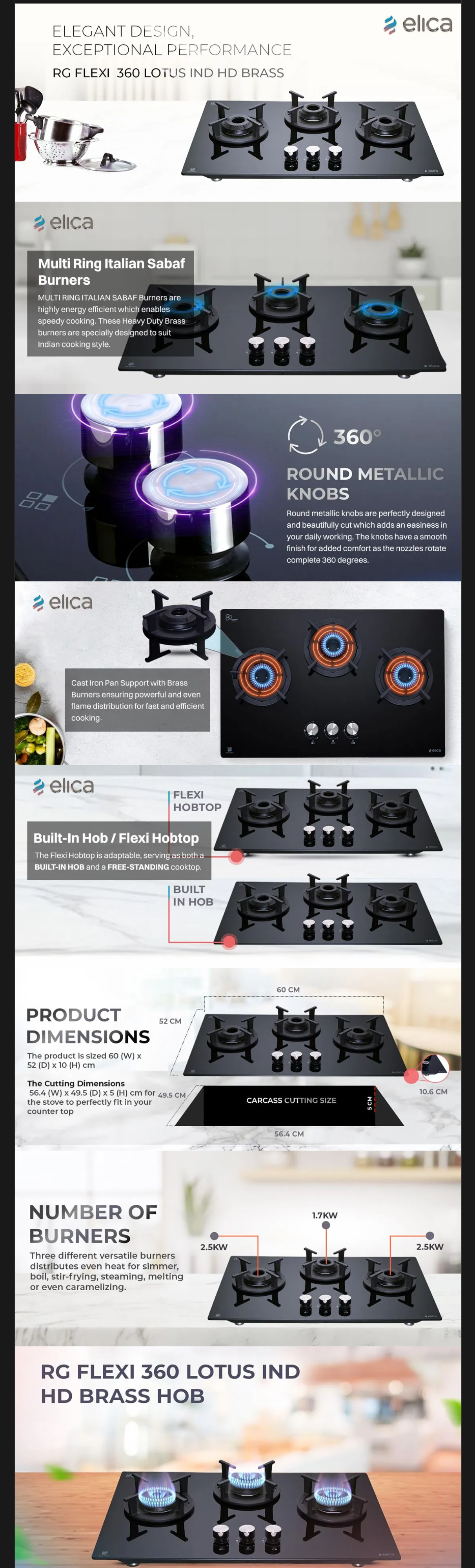 Elica RG FLEXI 360 LOTUS IND HD BRASS Toughened Glass Top 3 Burner Automatic Hob (Multi Flame Burners, Black Glass, RGFLEXI360LOTUSINDHD)