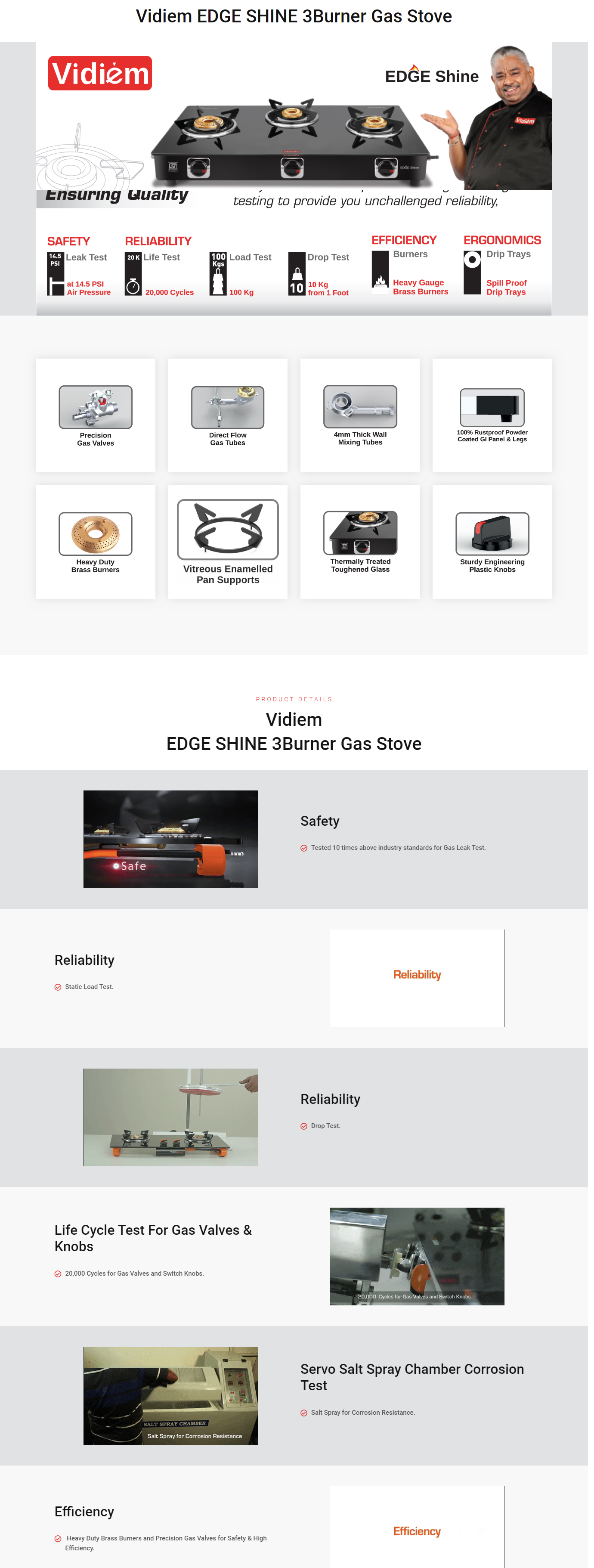 Vidiem Edge 3 Burner Glass Manual Gas Stove  (3 Burners) (VIDIEMEDGESHINE3B)