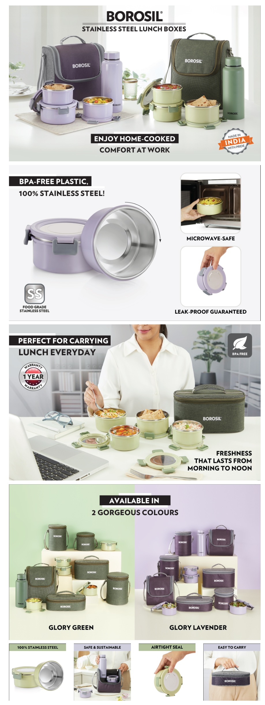 Borosil Glory Round Stainless Steel Lunchbox with Bag, Set of 3 (280 ml Each) (BRSLBSSGLORY3SET280)