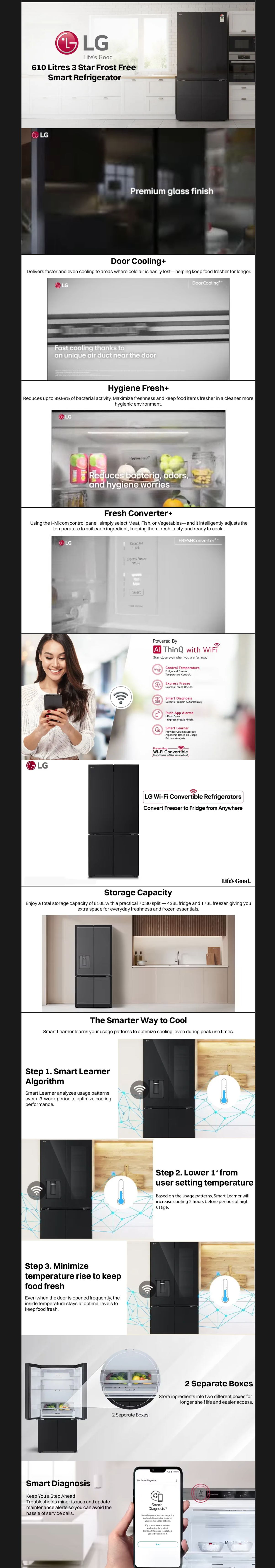 LG 610 Litres 3 Star Frost Free French Door Smart Wifi Enabled Refrigerator with Hygiene Fresh Plus (Black Glass, GVB25FFGMB)