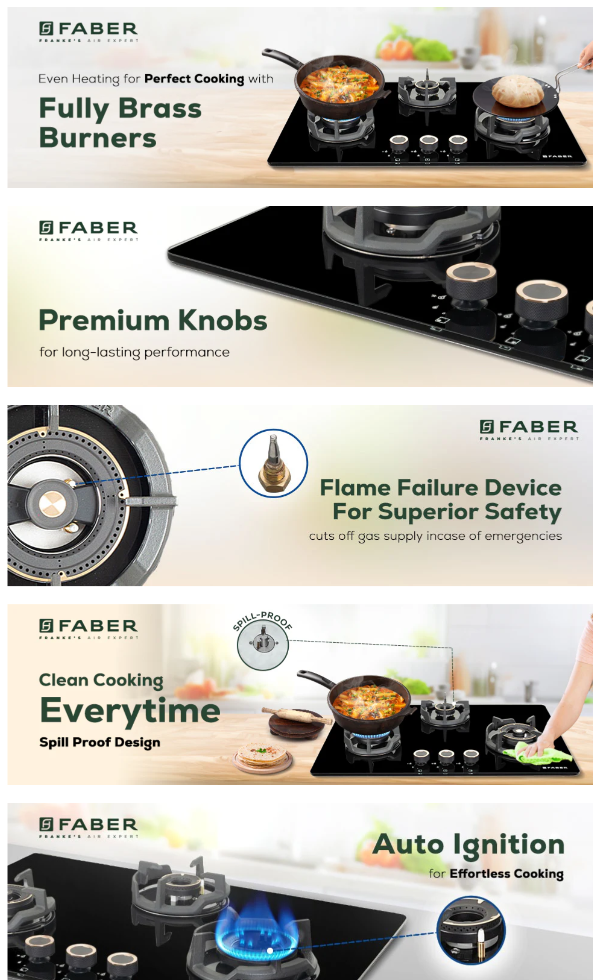 Faber 75 cm 3 Burner Hob Experia Series (Auto Electric, Built-In Or Hobtop, Flame Failure Device, EXPERIAHT753ALUAIFFD)
