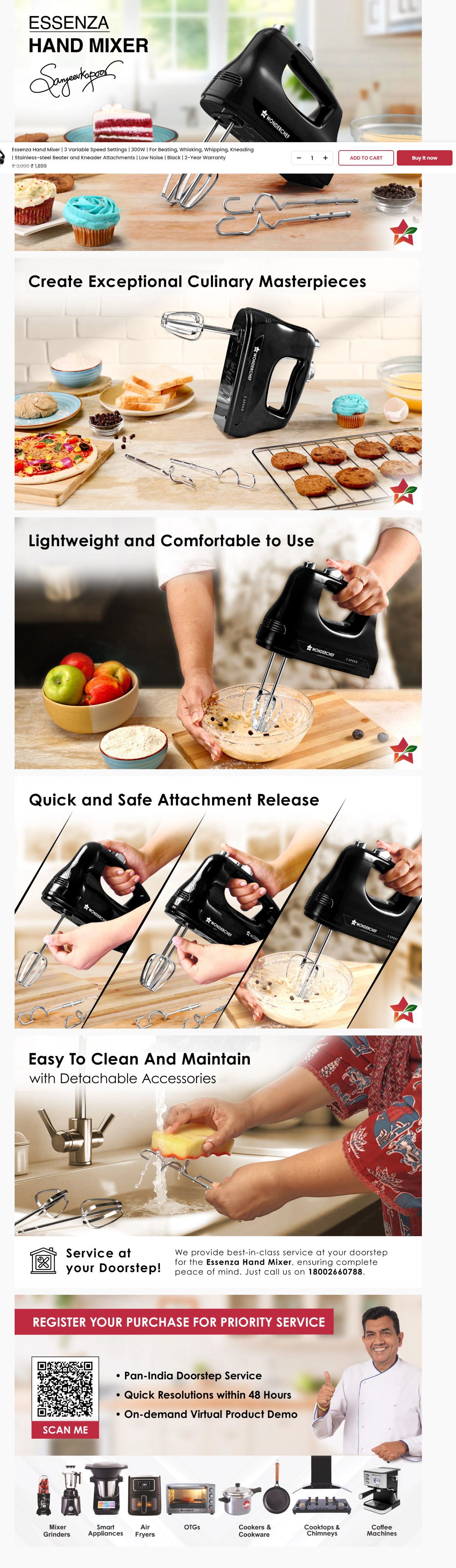 Wonderchef Essenza Hand Mixer 300W Stainless-steel (WCHMESSENZA200W)