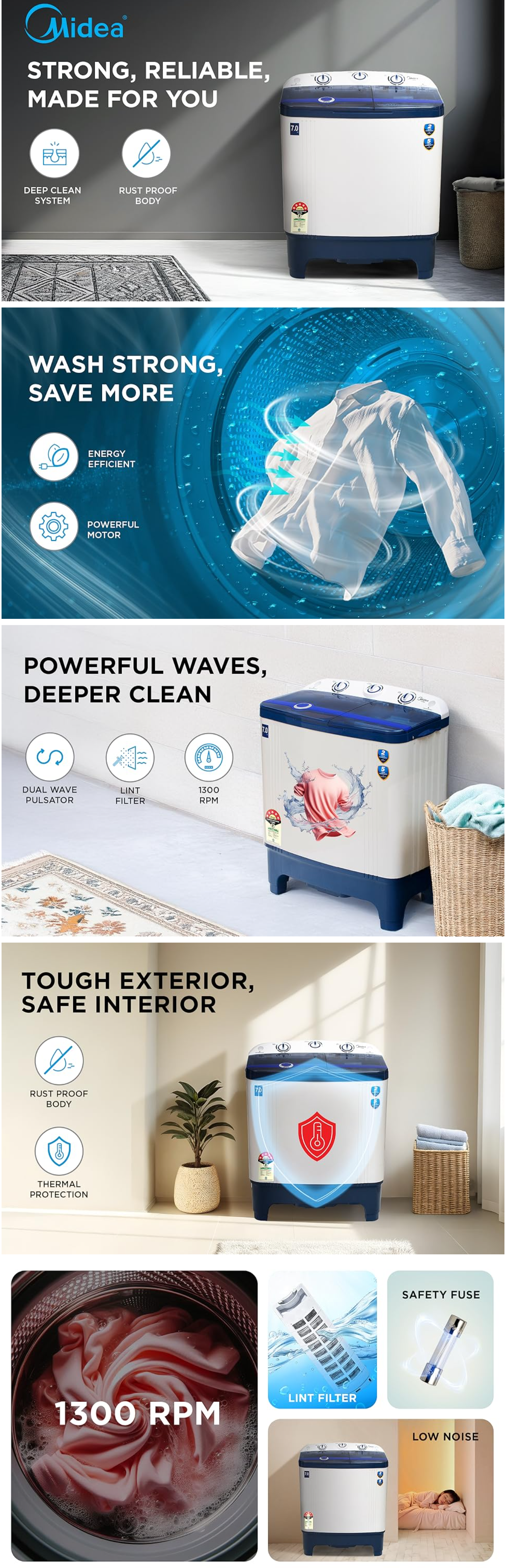 Midea 7 kg 5 Star Semi Automatic Top Load Washing Machine (MWMSA070PDXKW)